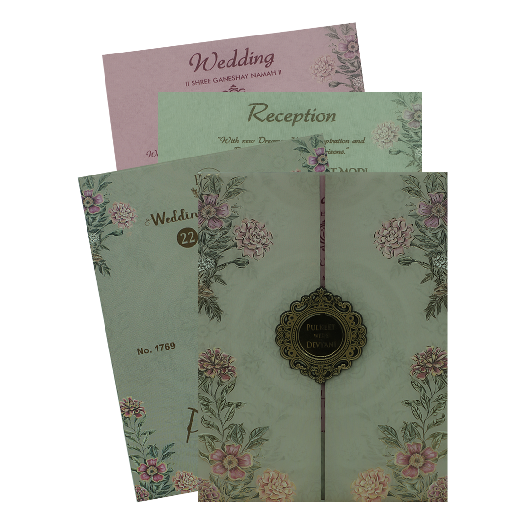 Grey Pink Floral Padded Wedding Card-KJTS1769
