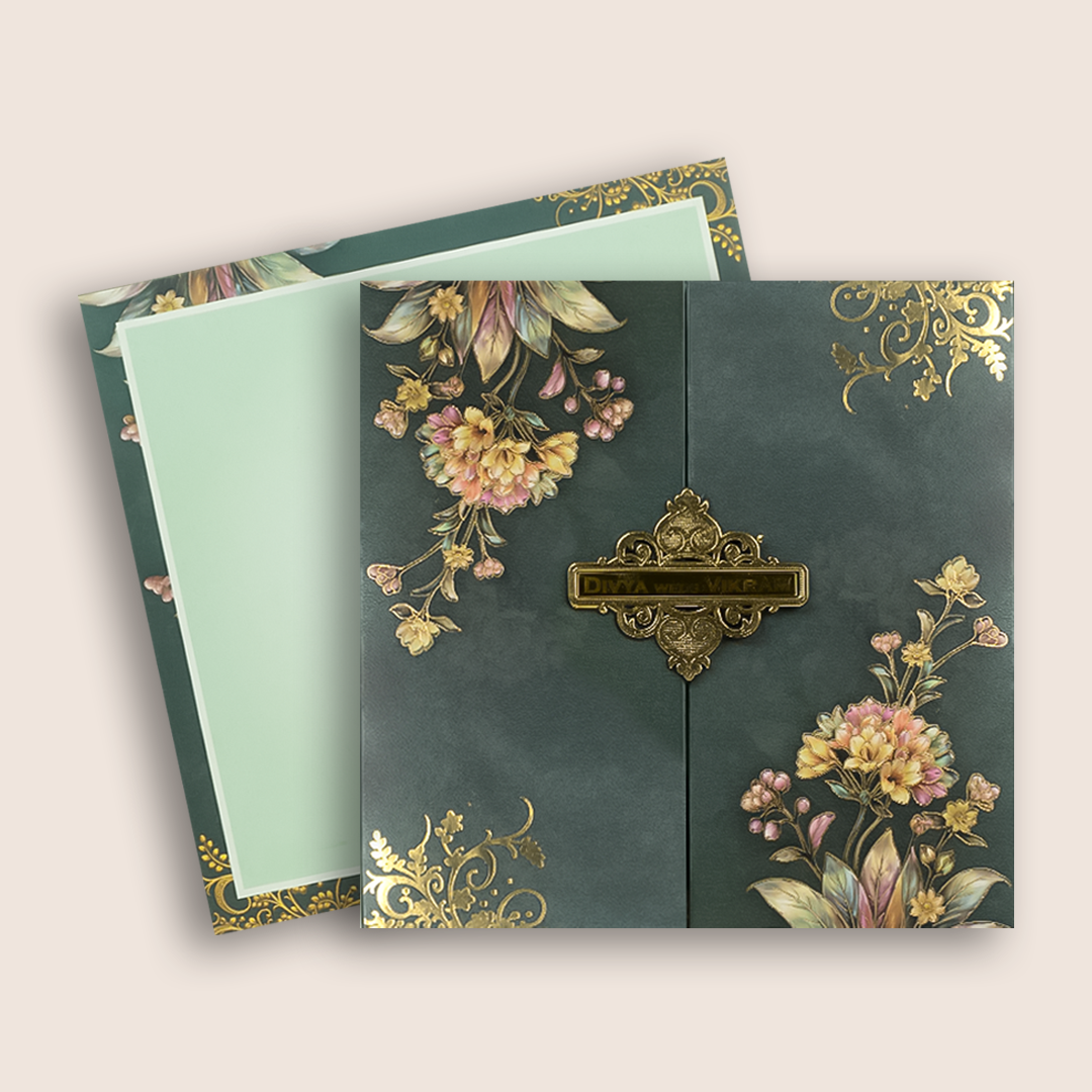 Green Floral Door Style Padded Wedding Card - KNAM4903