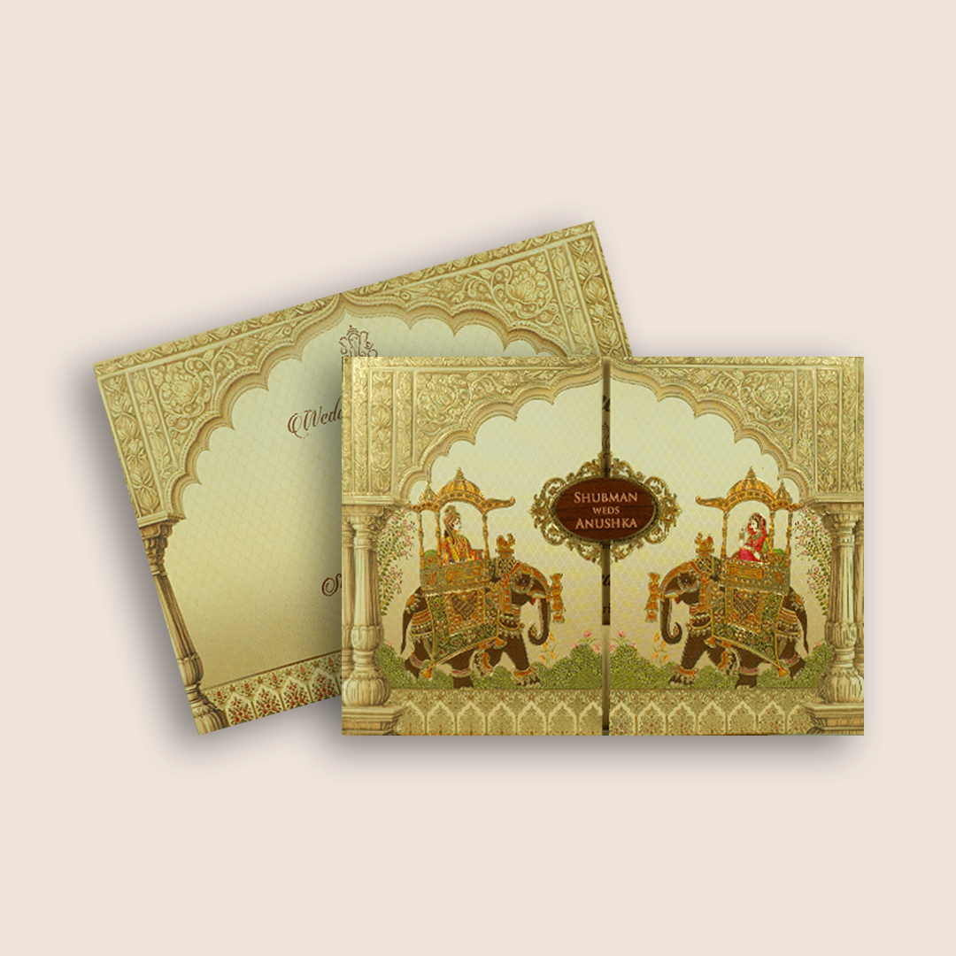Cream Embossed Royal Baraat Padded Door Style Wedding Card - KRB8220