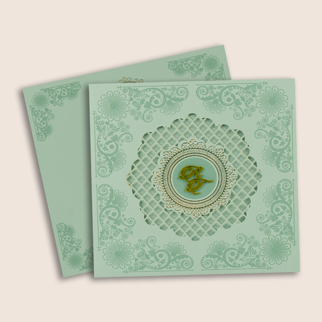Pastel Green Floral Laser Cut Padded Wedding Card - KPR023310