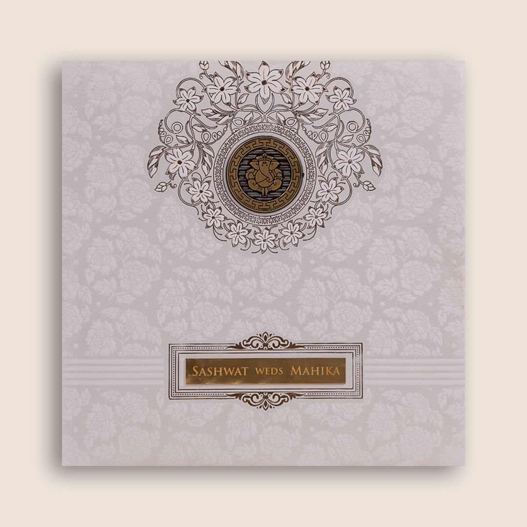 White Embossed Floral Padded Wedding Card - KRE29100