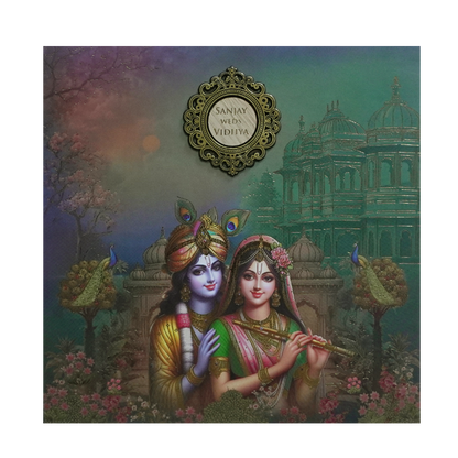 Green Radha Krishna Padded Wedding Card - KSH72750