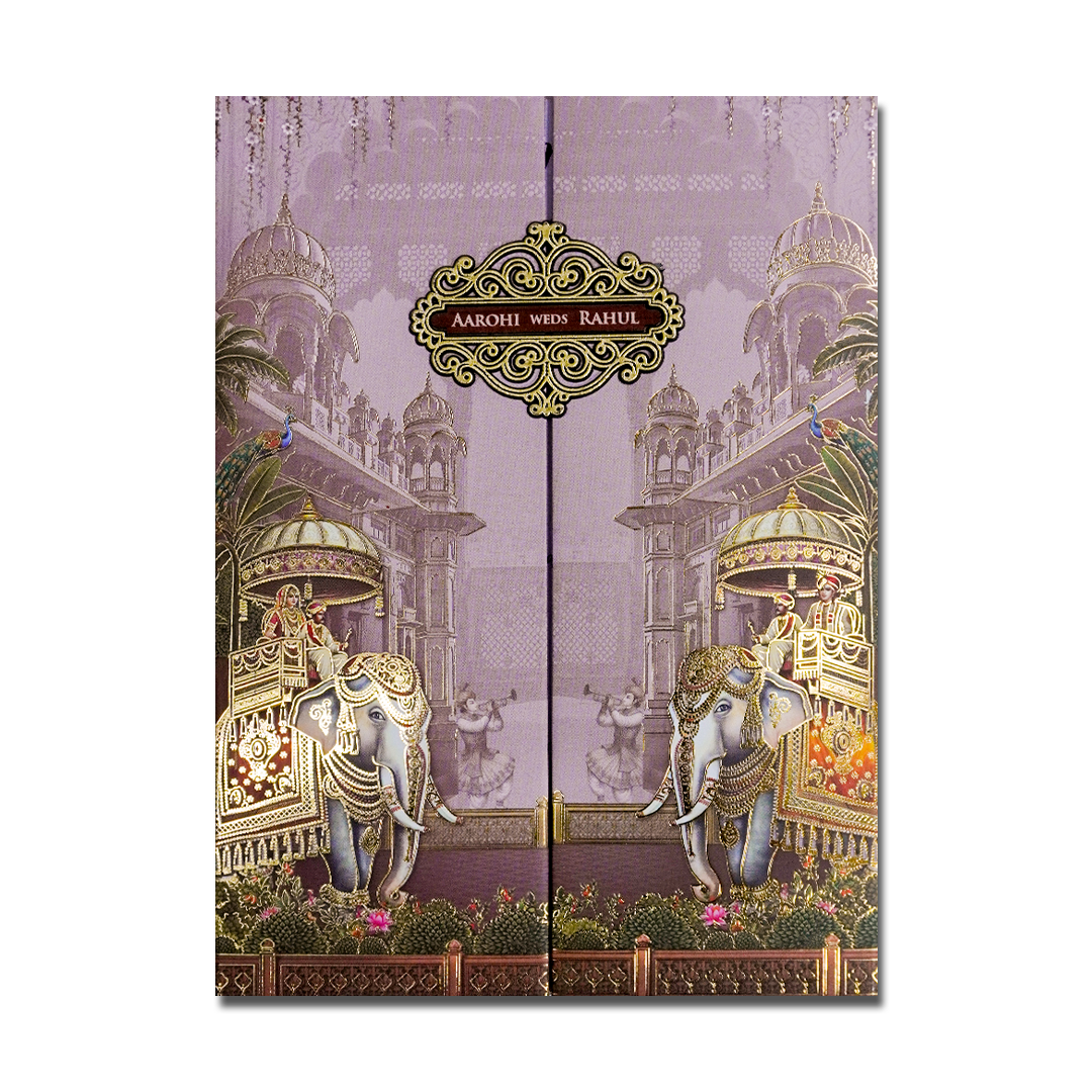 Lavender Palace Elephant Padded Wedding Card-KSH72560