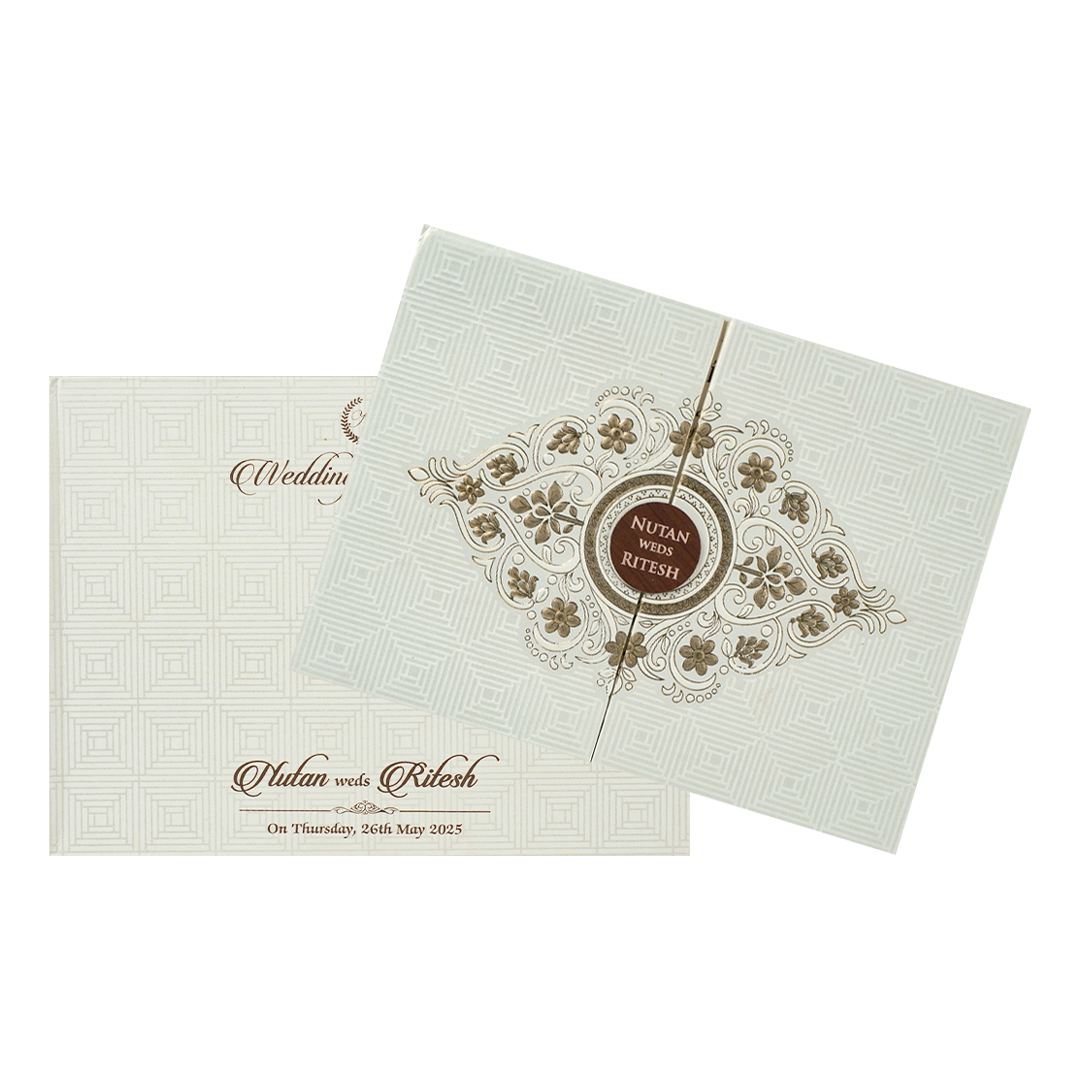 White Gold Embossed Floral Padded Wedding Card-KRE27400