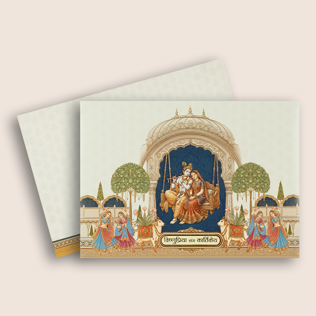 White Radha Krishna Premium Wedding Card - KAA05260