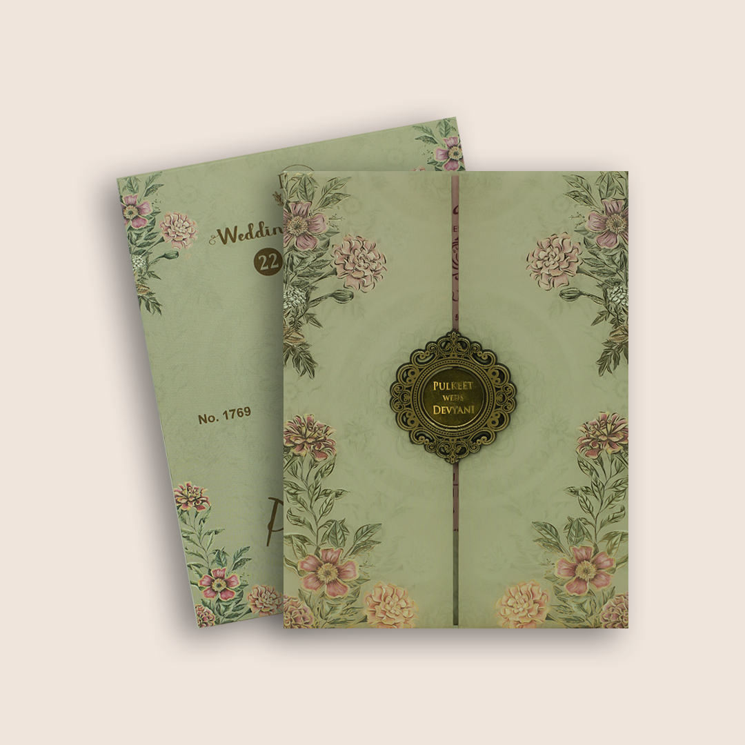 Pale Green Floral Door Style Padded Invitation Card - KJTS1769