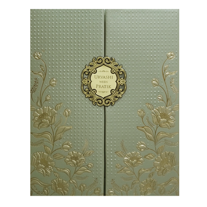 Green Floral Frame Padded Wedding Card - KMMWD1116