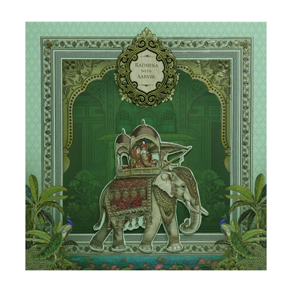 Green Royal Elephant Padded Wedding Card - KSH72650