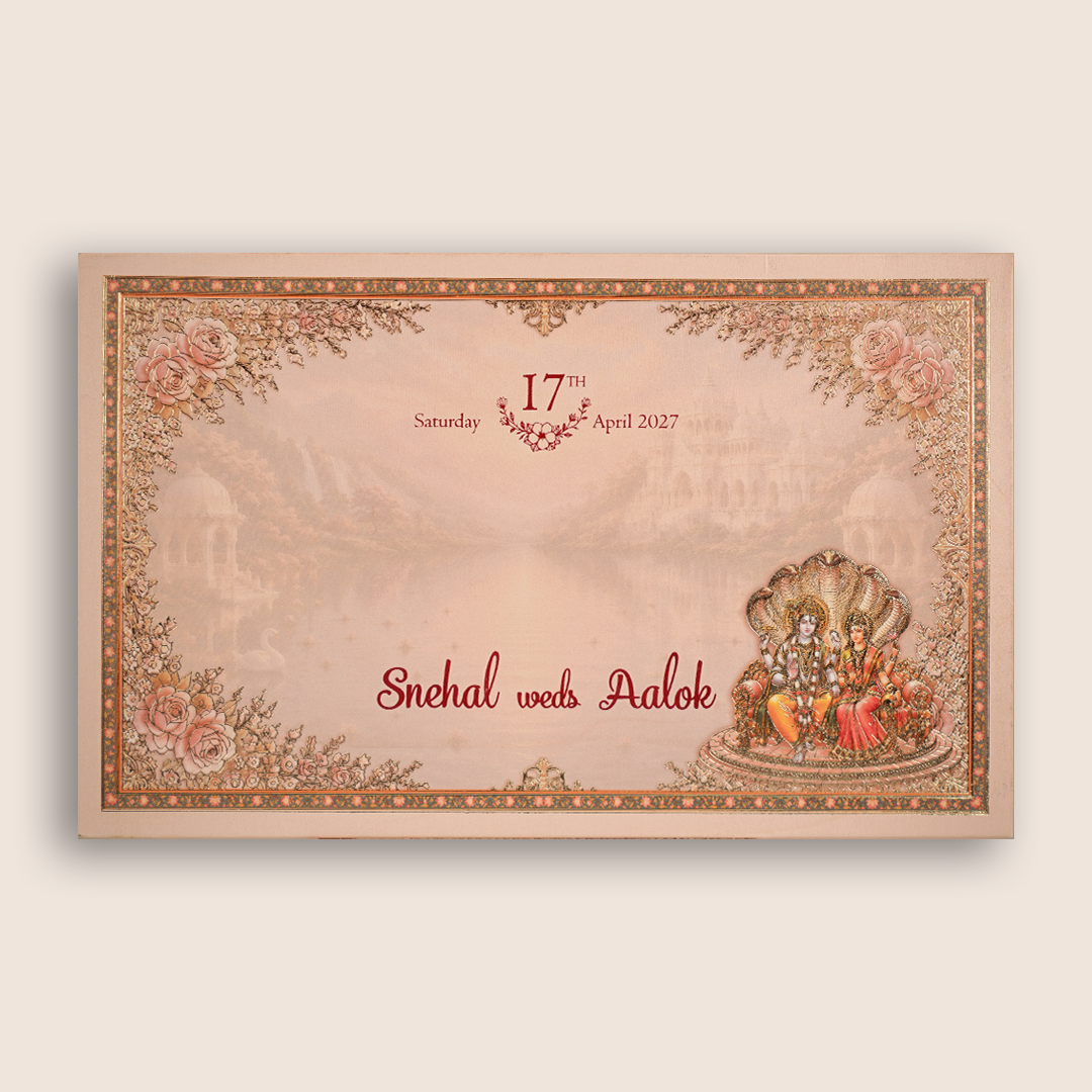 Pink Lord Lakshmi Narayan Embossed Floral Wedding Card- KPR07050