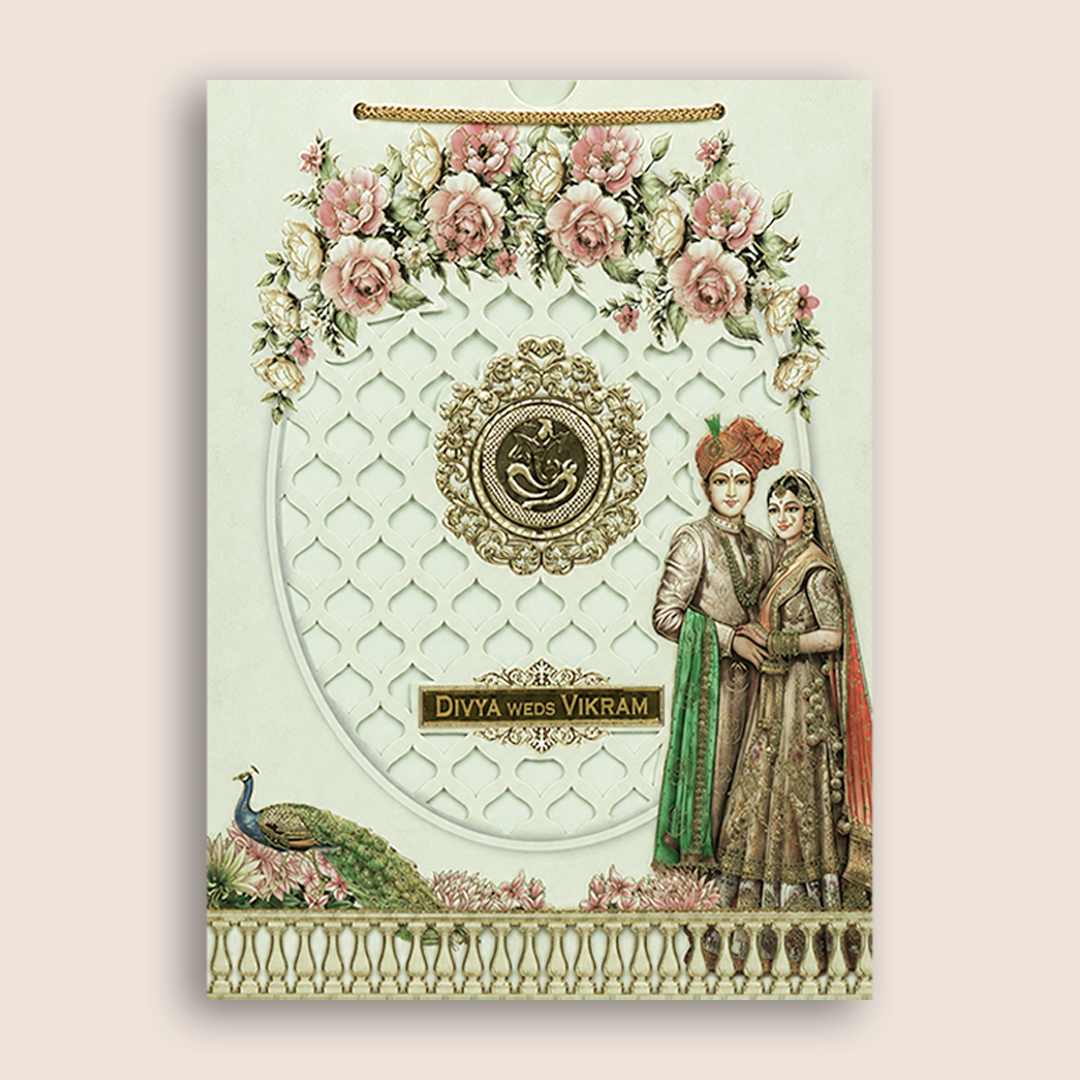 Pastel Green Laser-Cut Floral Bag Style Wedding Card - KNAS3108