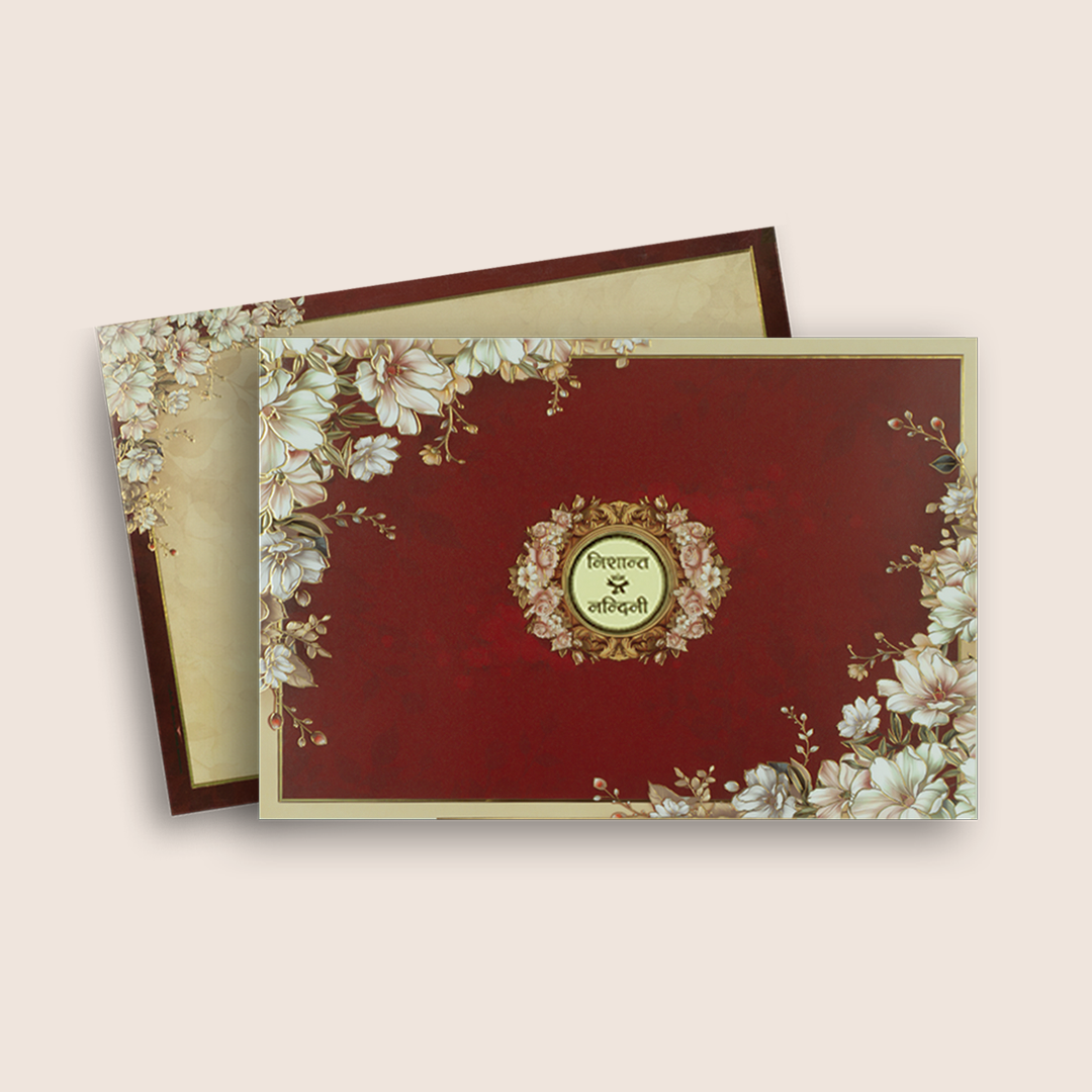 Maroon Padded Floral Wedding Card - KAA06100