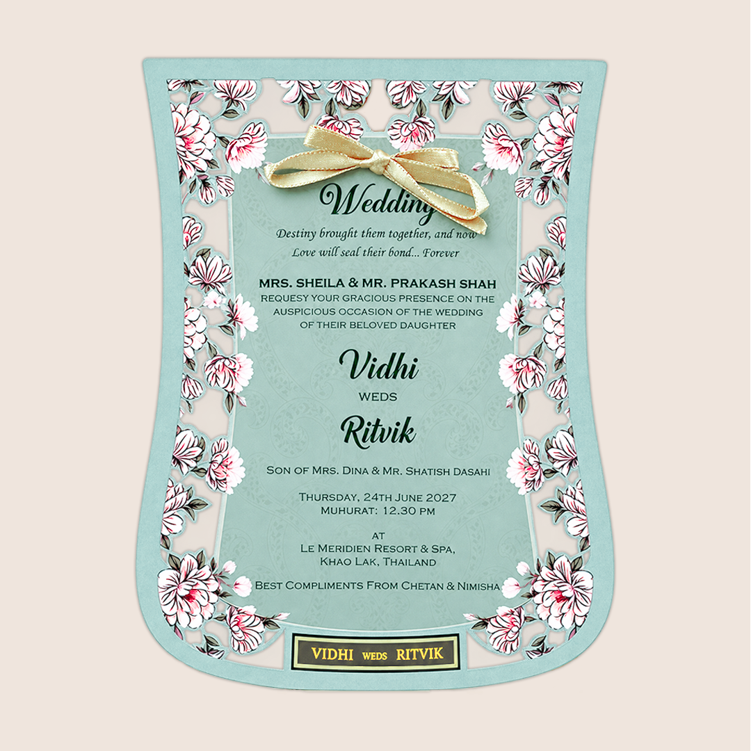 Pastel Green Laser Cut Floral wedding Card - KVN07830