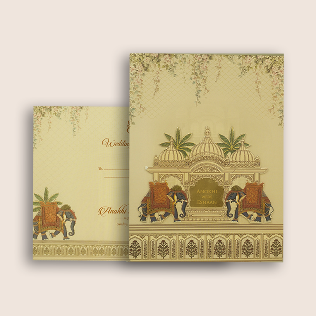 Beige Jharokha Elephant Padded Marriage Card - KJTS3685
