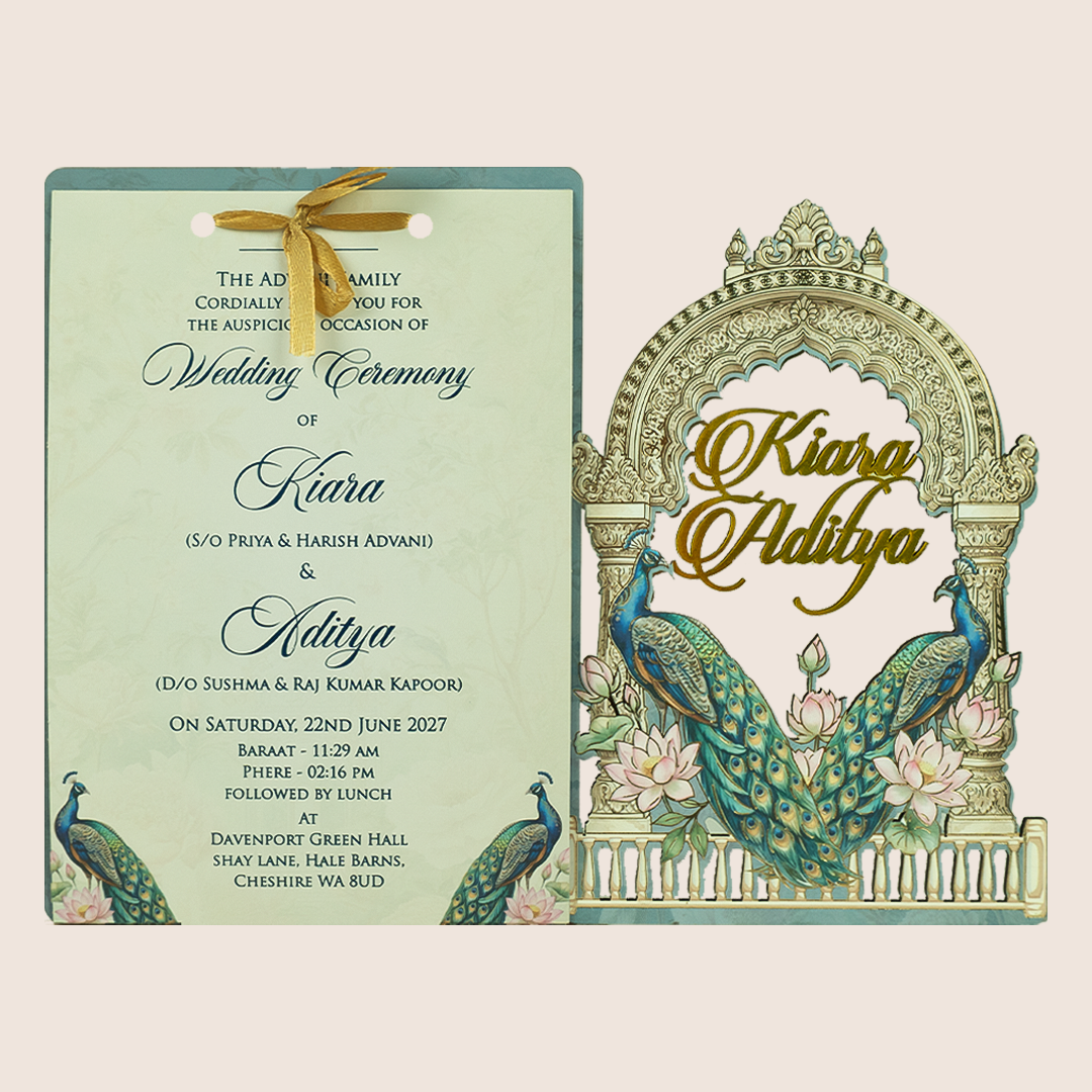 Pastel Blue Peacock MDF Laser Cut Marriage Card - KFR17060