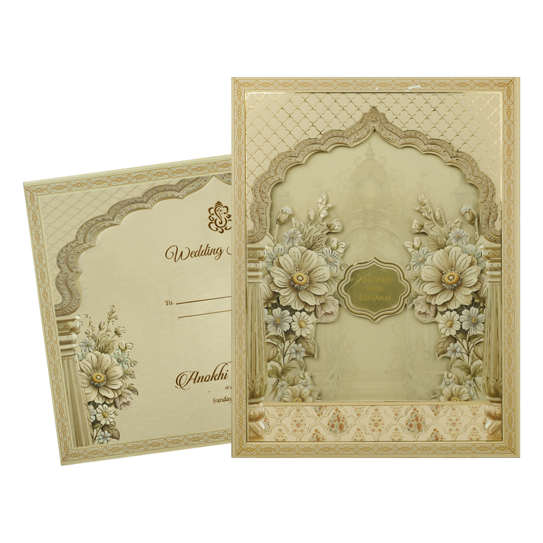 Gold Floral Arch Lasercut Padded Wedding Card-KJTS3683