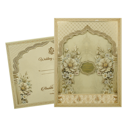 Gold Floral Arch Lasercut Padded Wedding Card-KJTS3683