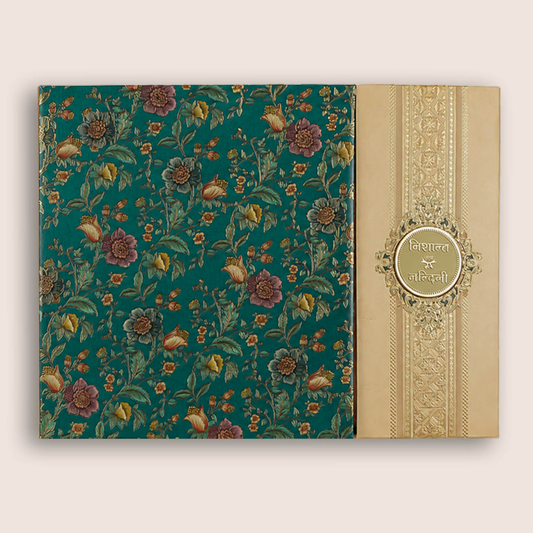 Blue Padded Floral Door Style Wedding Card - KAA06390