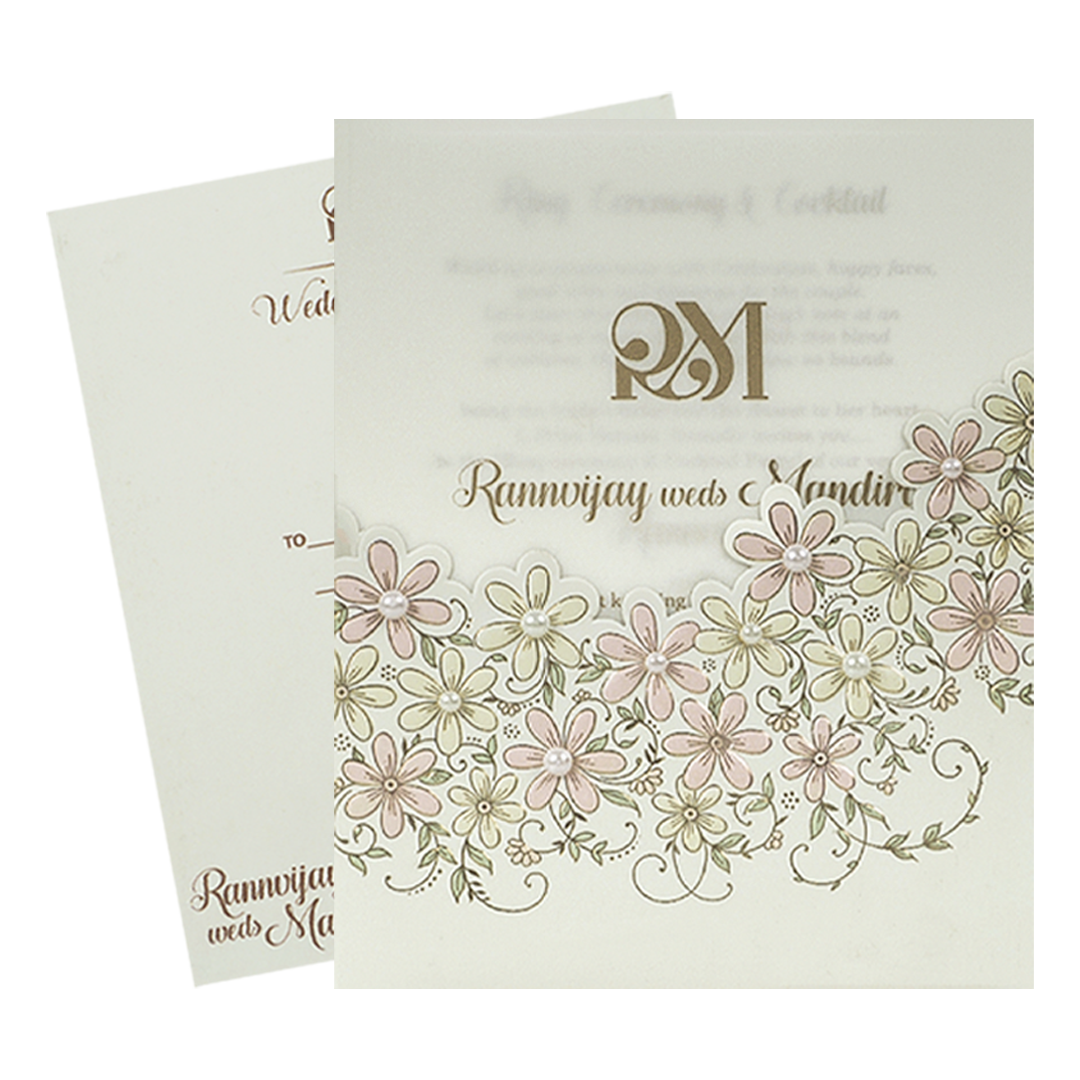 White Pearl Floral Ring Ceremony Wedding Card-KSI64620