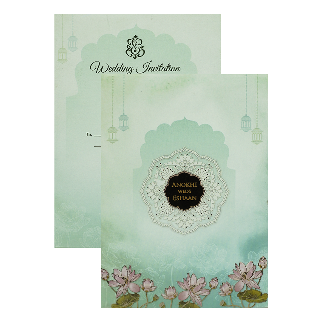 Blue Lotus Floral Padded Wedding Card-KJTS3622
