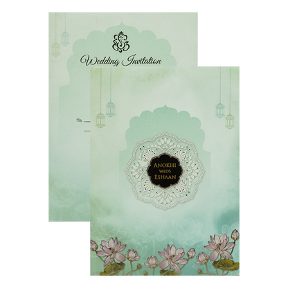 Blue Lotus Floral Padded Wedding Card-KJTS3622