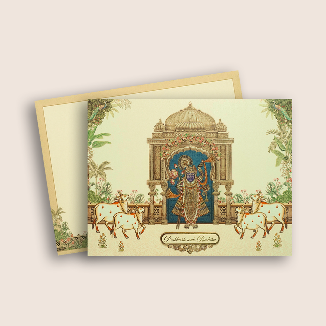 Cream Lord Shrinathji Wedding Card - KAA05400