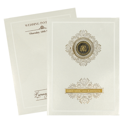 White Ganesha Medallion Floral Padded Wedding Card-KRE26300