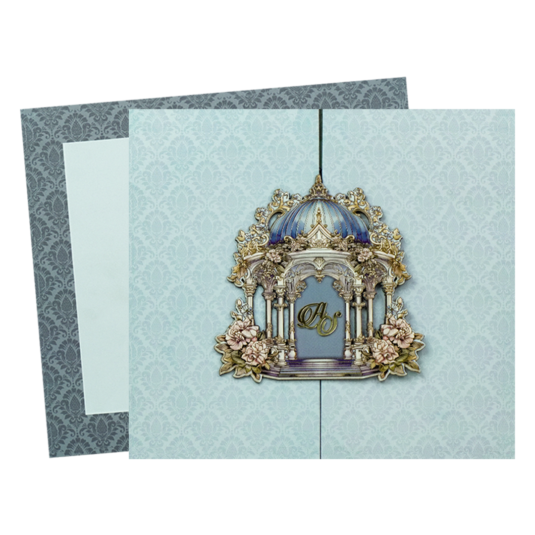 Blue Padded Floral Palace Wedding Card - KPR25060