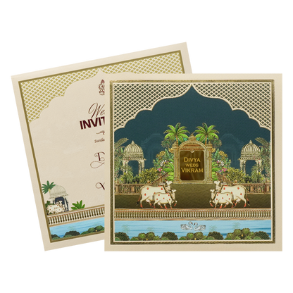 Navy Blue Kamadhenu Palm Wedding Card-KNKD8113