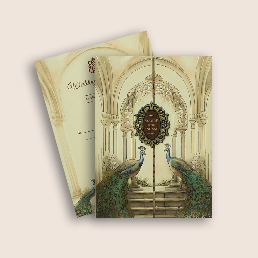 Beige Peacock Door Style Padded Invitation Card- KJTS3677