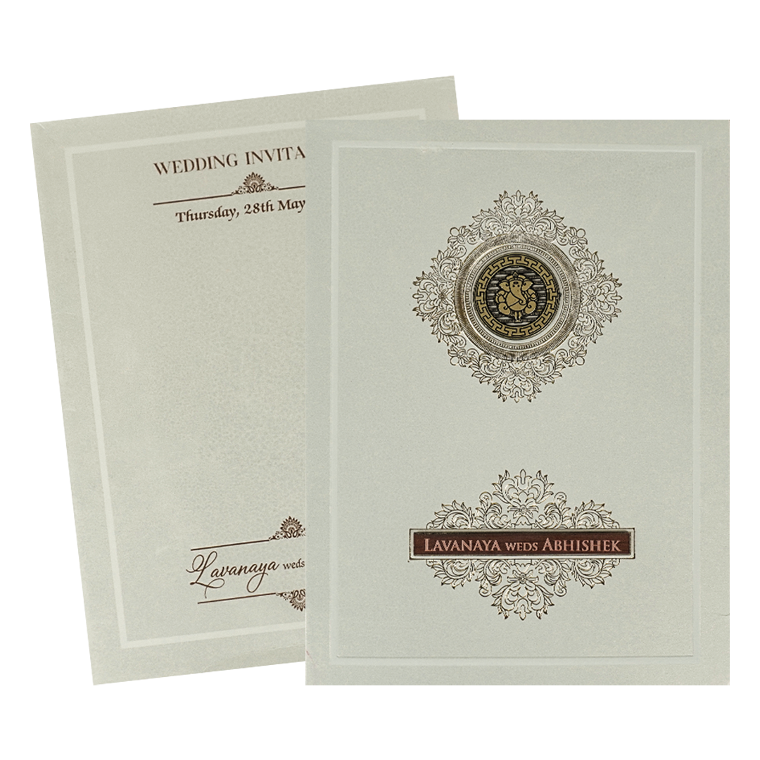 White Padded Ganesha Floral Premium Wedding Card-KRE26860