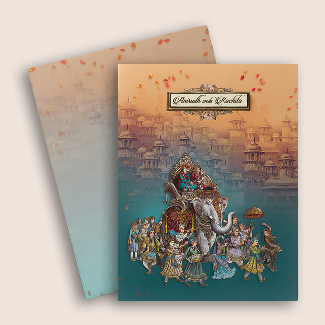 Blue Royal Elephant Baraat Wedding Card - KAA05170