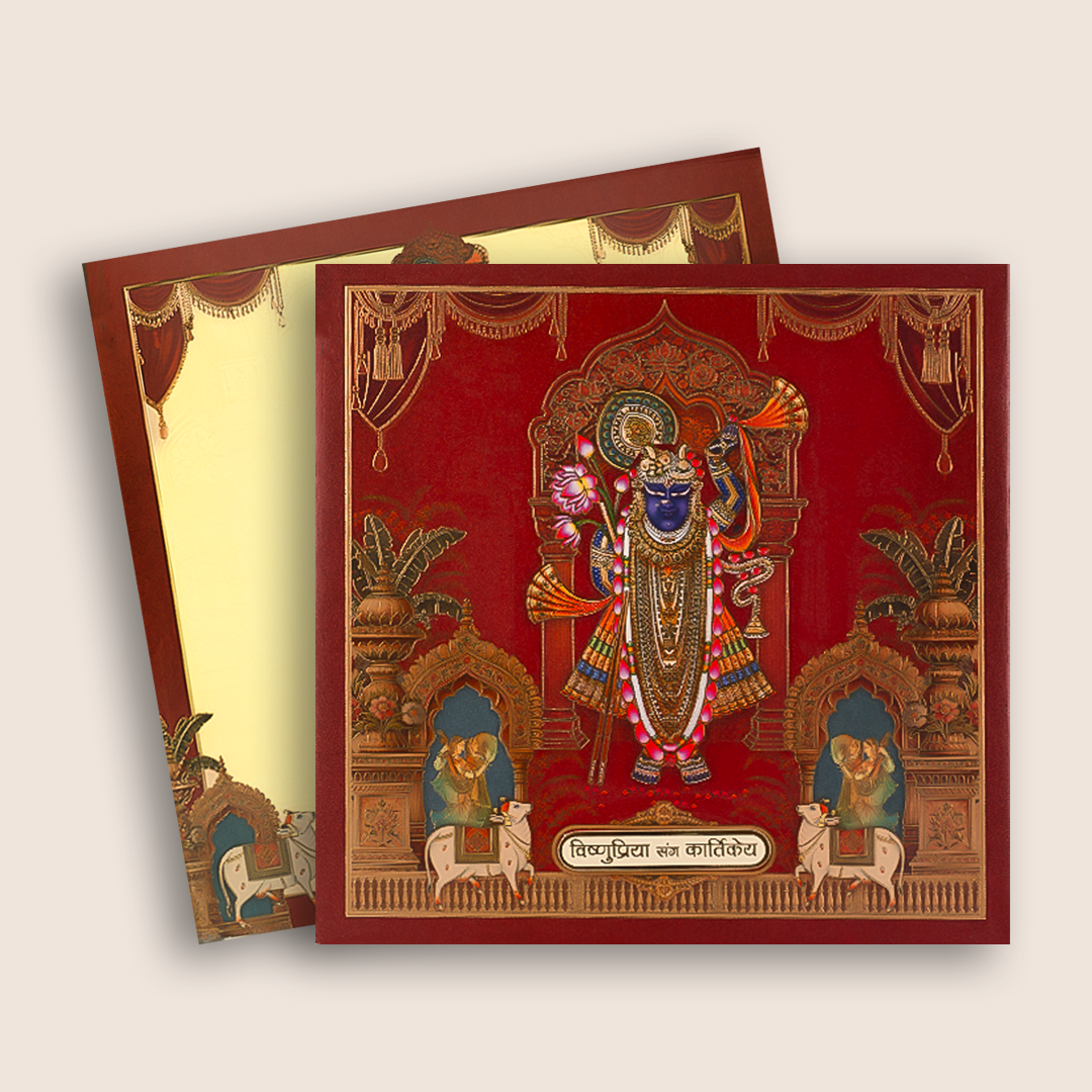 Maroon Padded Lord Shrinathji Luxury Wedding Card - KAA06310