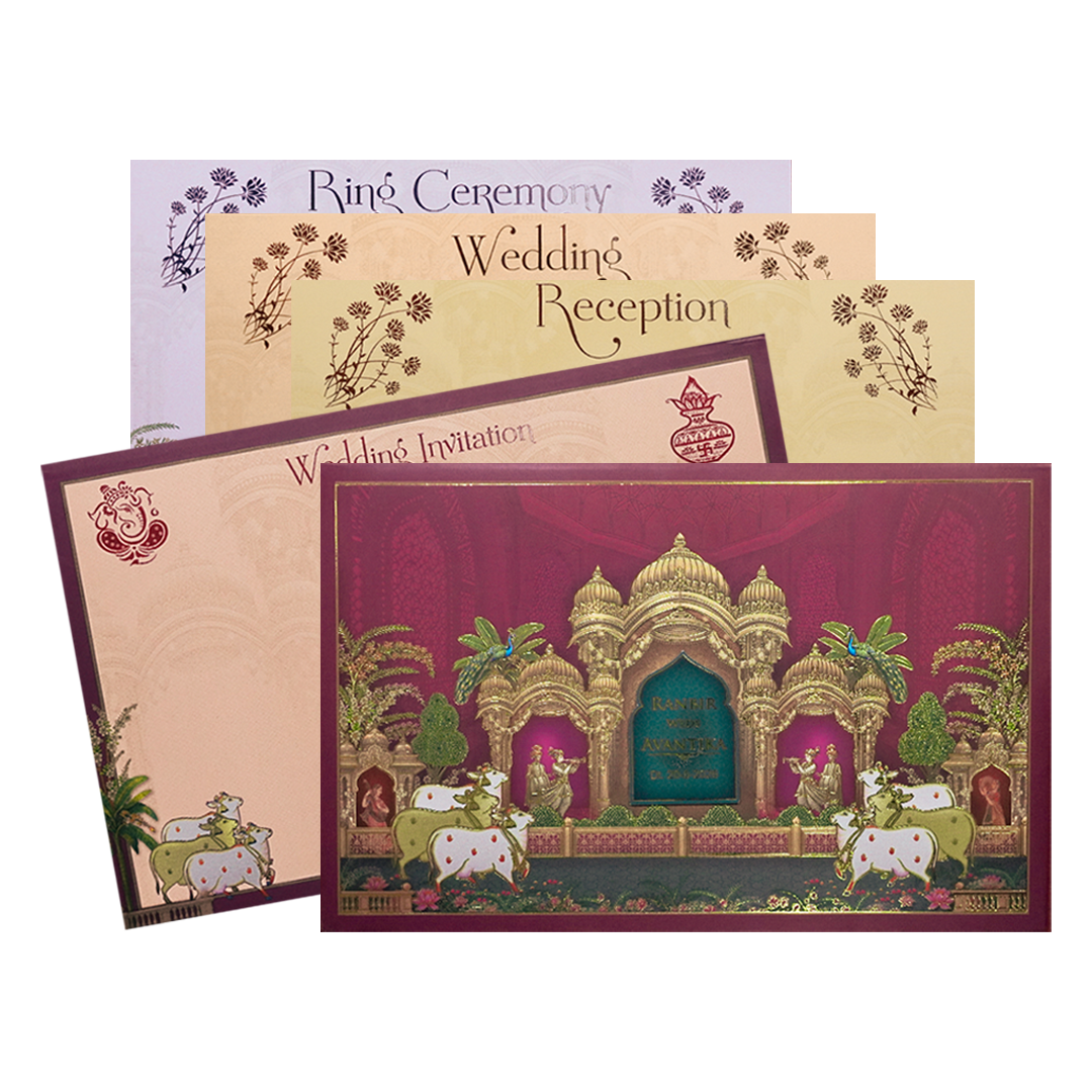 Pink Palace Cow Procession Padded Wedding Card-KSH72070