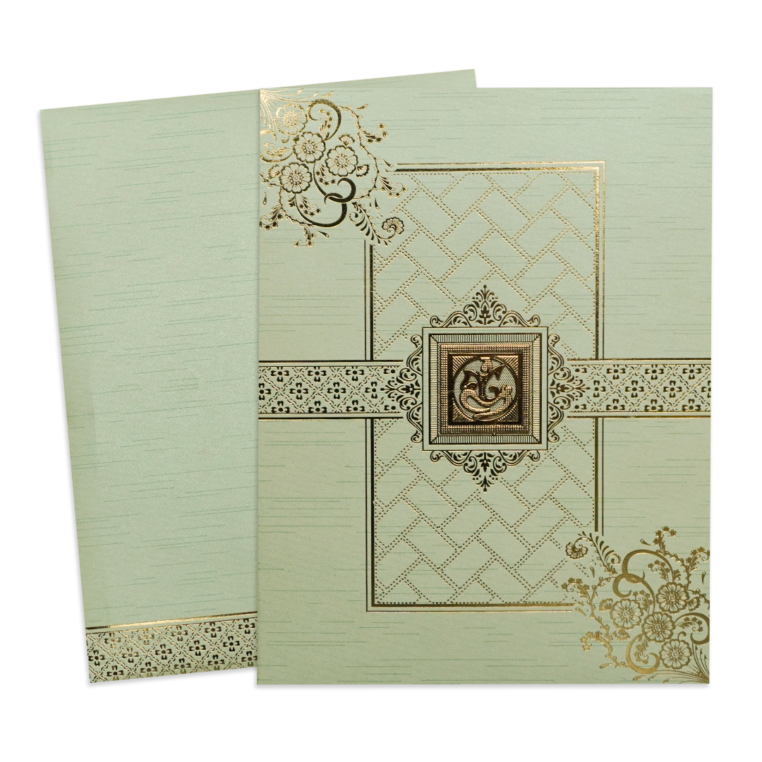 Green Gold Ganesha Floral Wedding Card-KNKR5034N