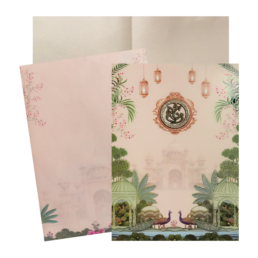 Pink Ganesha Peacock Palace Wedding Card-KNEP1613