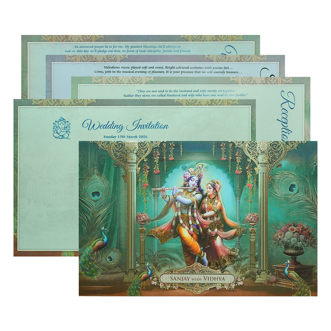 Green Radha Krishna Padded Wedding Card-KSH72010