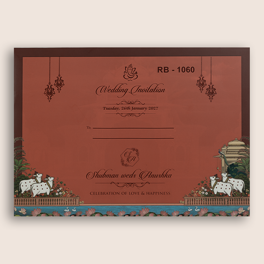 Maroon Lord Radha Krishna Door Style Padded Wedding Invitation - KRB10600