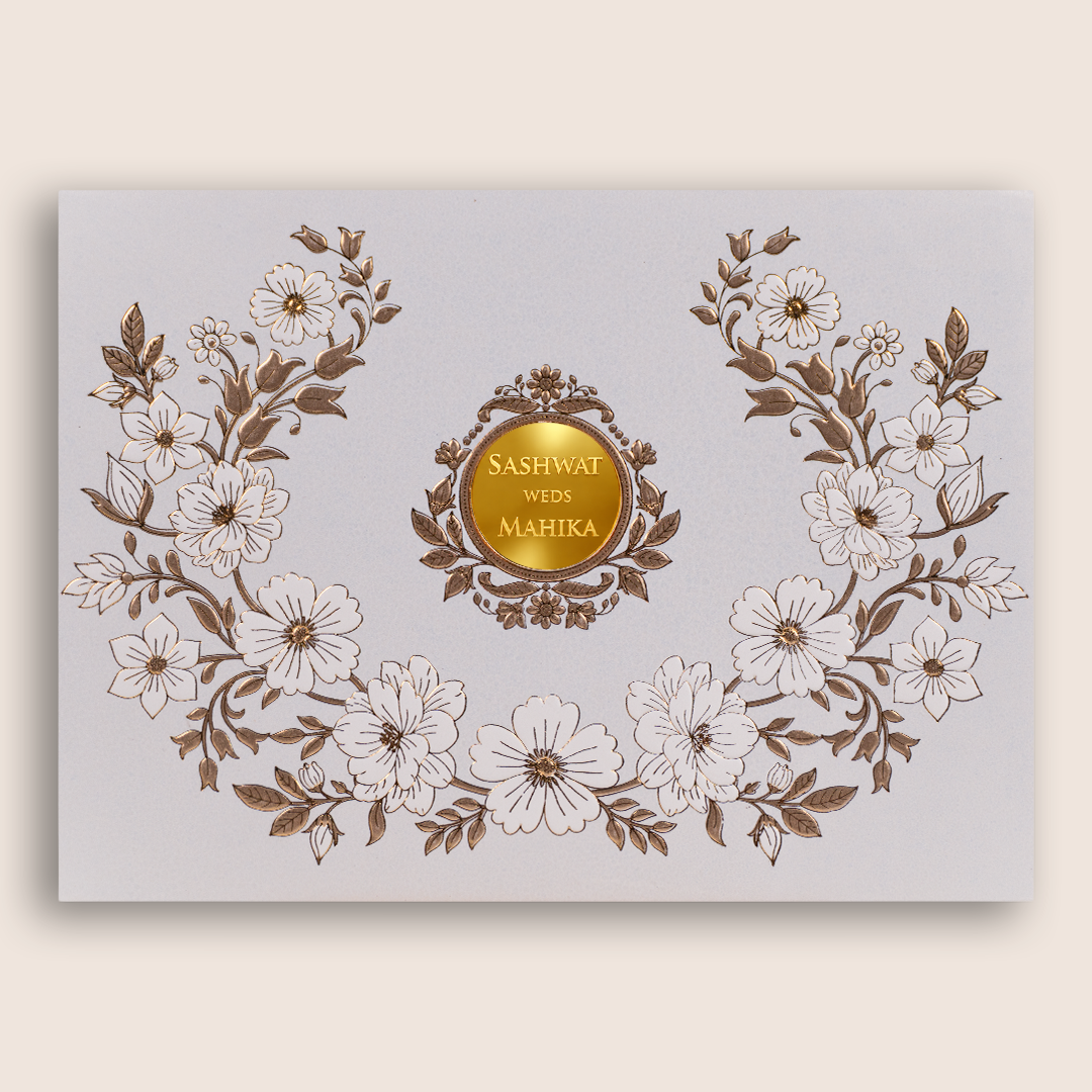 Ivory Embossed Floral Padded Wedding Invitation Card - KRE29250