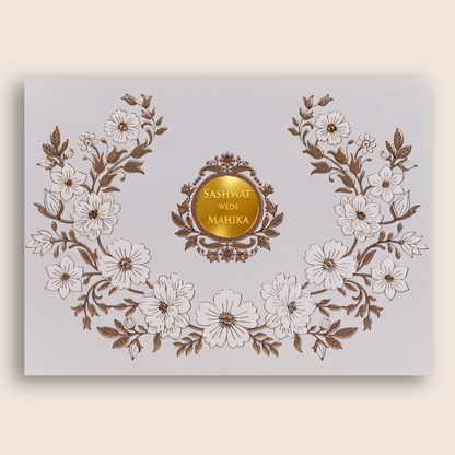 Ivory Embossed Floral Padded Wedding Invitation Card - KRE29250