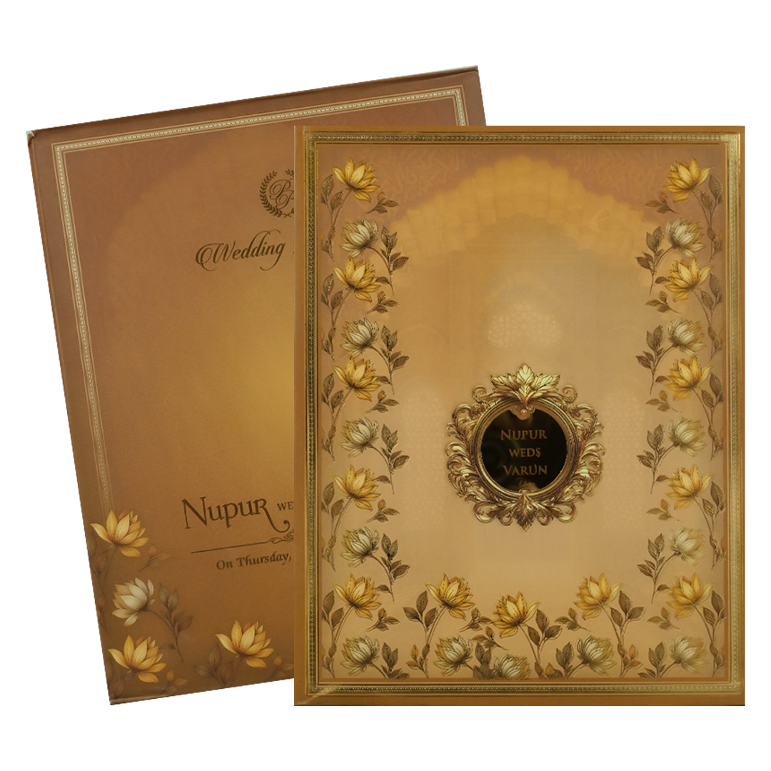 Brown Floral Frame Padded Wedding card-KRE28010