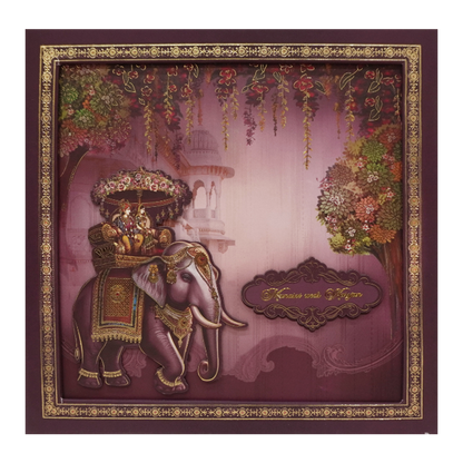 Purple Gold Elephant Palace Padded Wedding Card - KMMEX8030
