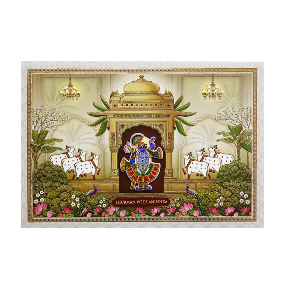 Pichwai Art Padded Embossed Wedding Invitation Card-KRB09610