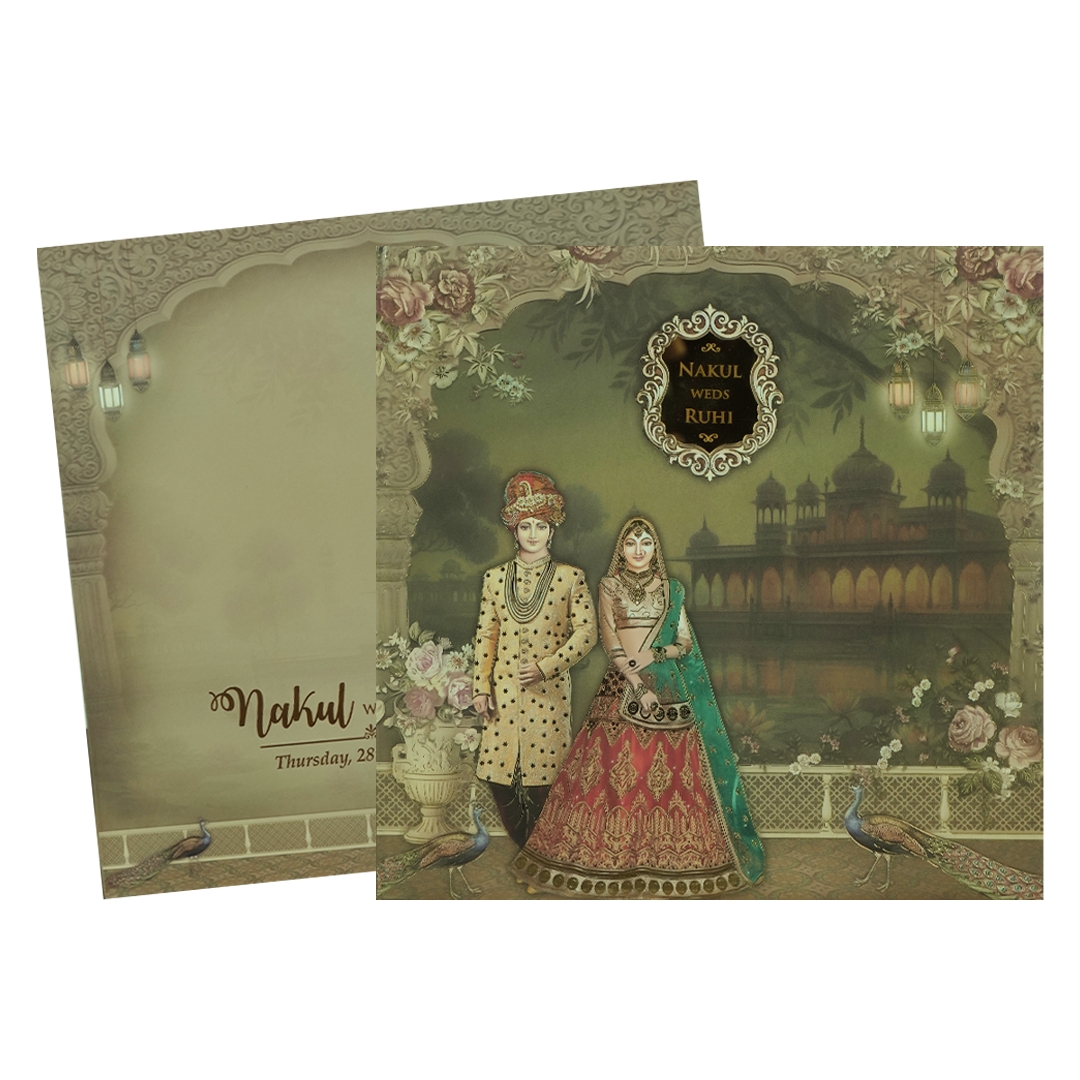 Green Royal Couple Palace Padded Wedding card-KRE27910