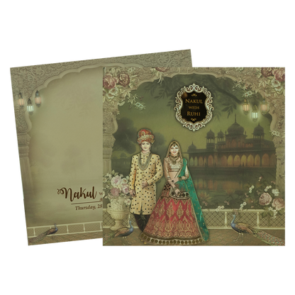 Green Royal Couple Palace Padded Wedding card-KRE27910