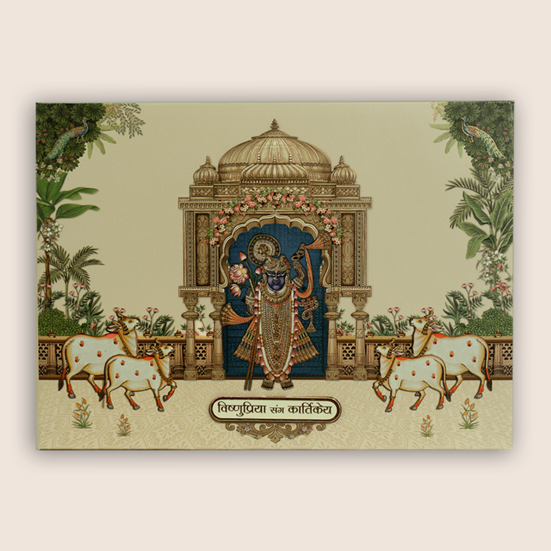 Beige Lord Shrinathji Floral Padded Wedding Card - KAA06140