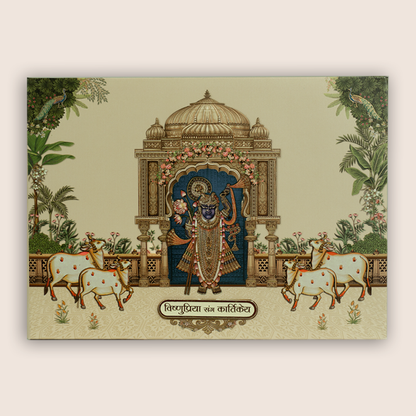 Beige Lord Shrinathji Floral Padded Wedding Card - KAA06140