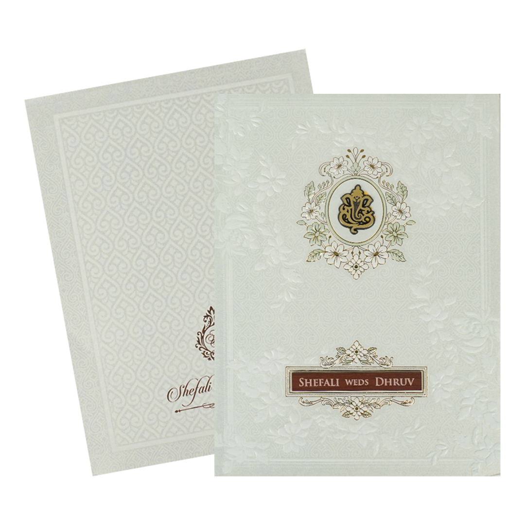 White Embossed Ganesha Classic Wedding card-KRE28450