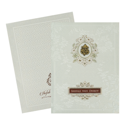 White Embossed Ganesha Classic Wedding card-KRE28450