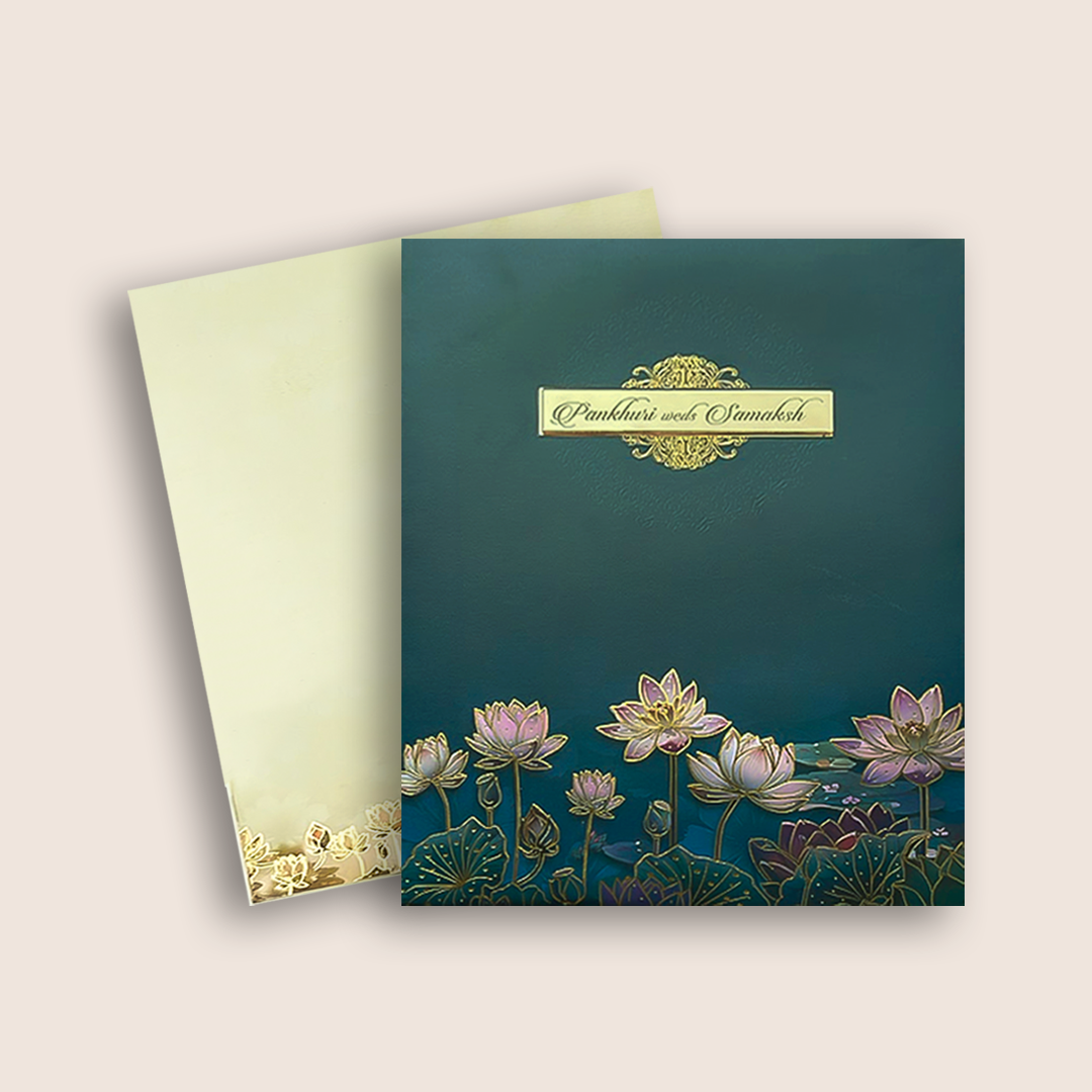 Royal Blue Padded Lotus Wedding Card - KAA06300