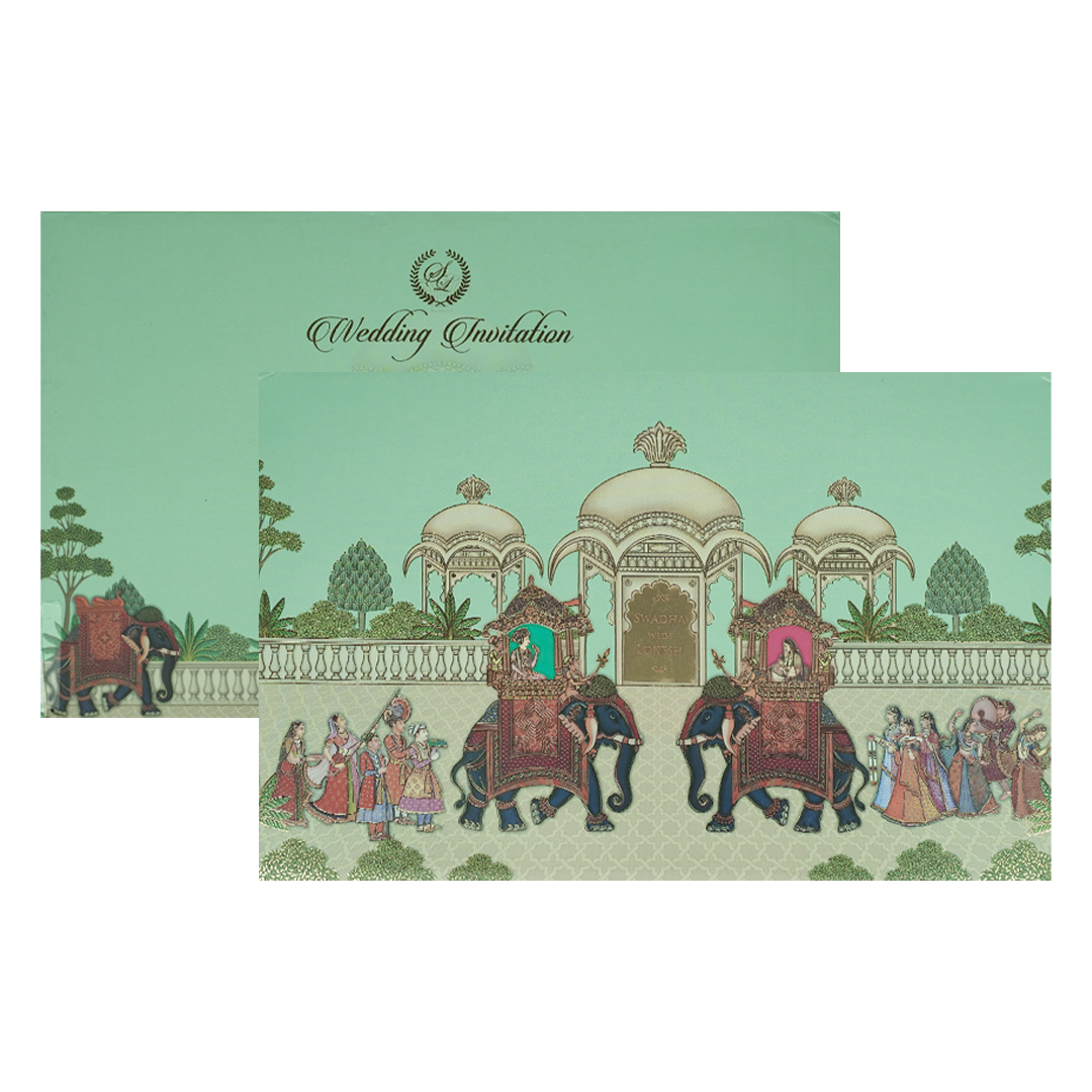 Check out Mint Green Palace Elephant Padded Wedding Card at best price.WhatsApp Support|Express Delivery.